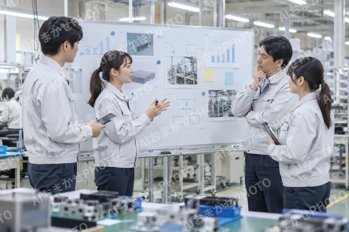 ホワイトボードの前で改善の話し合いをする作業員たち（電子部品・電機の写真 No.68）
