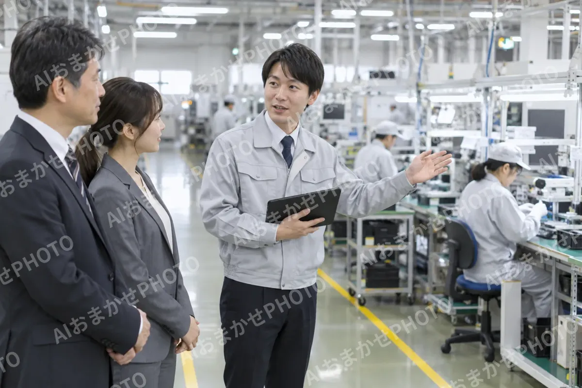 取引先の人に工場を案内する社員（電子部品・電機の写真 No.70）