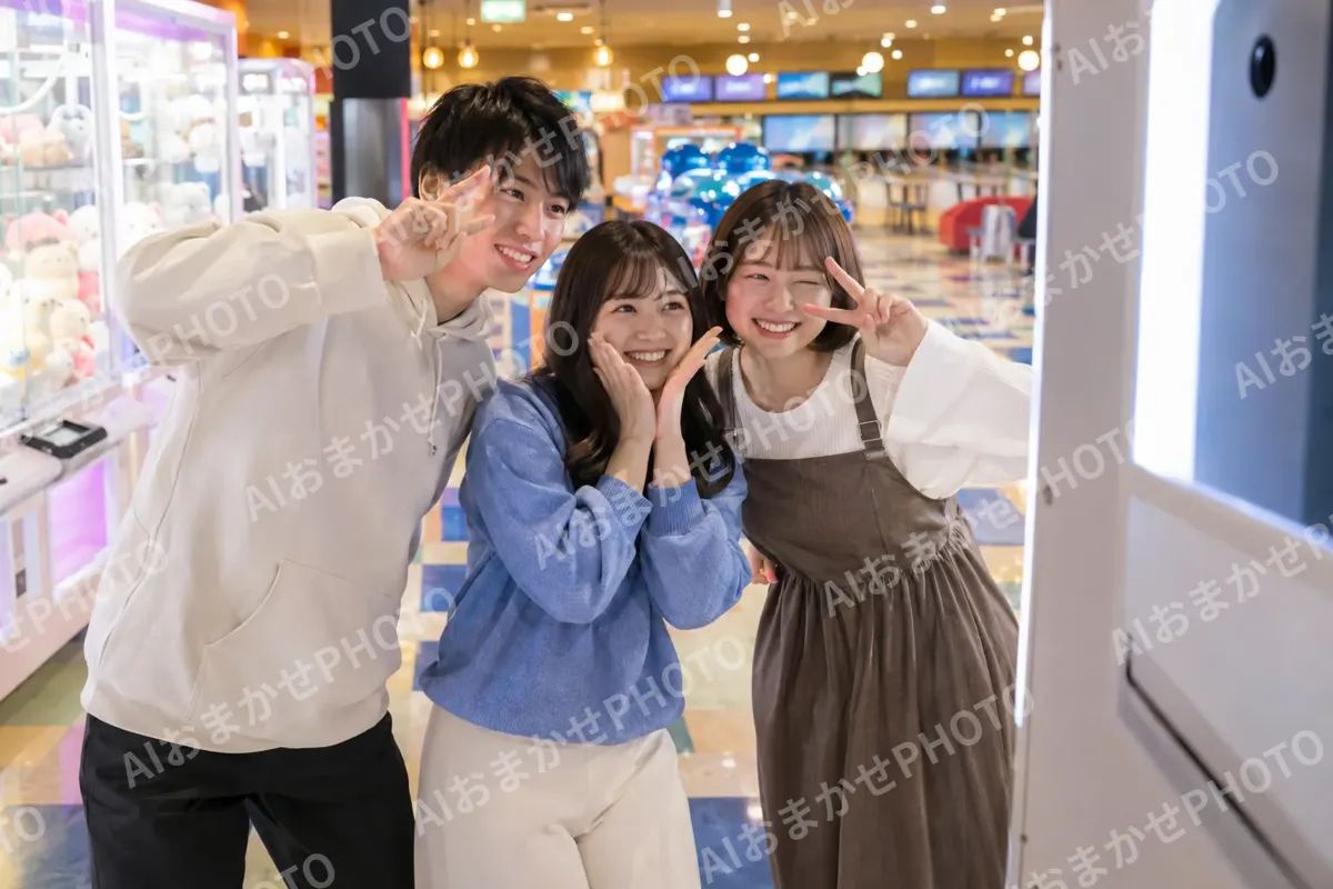 写真を撮る機械の前でポーズをとる友だちどうし（ゲームセンター・ボウリング・ビリヤードの写真 No.29）