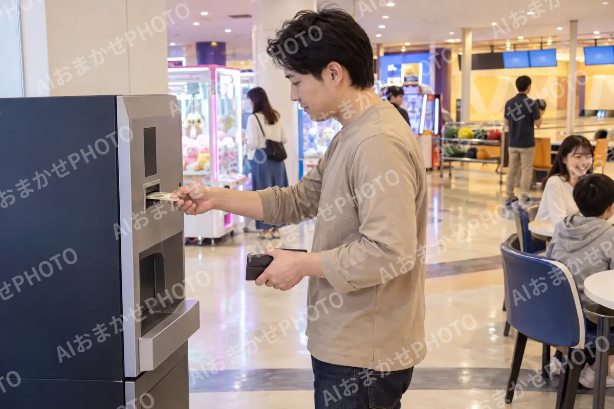 両替の機械にお金を入れるお客様（ゲームセンター・ボウリング・ビリヤードの写真 No.33）