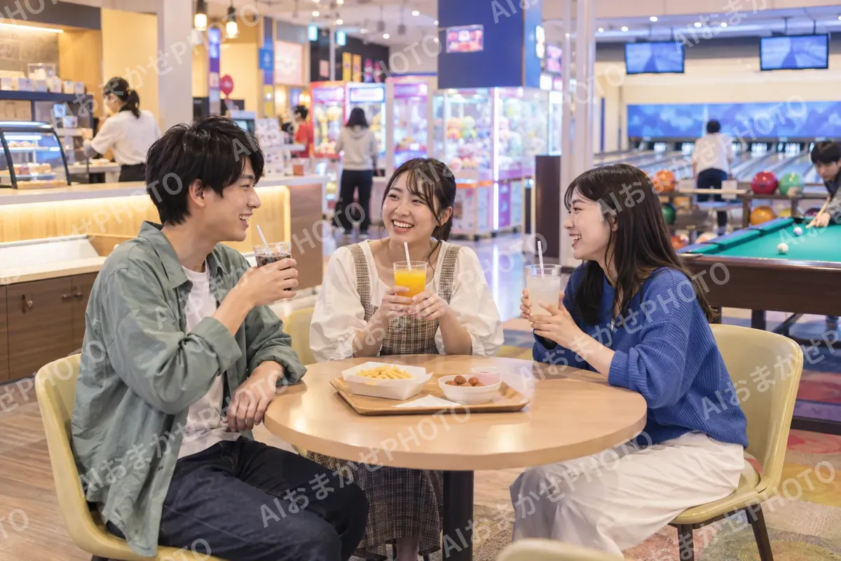 軽食のコーナーで飲み物を飲む友だちどうし（ゲームセンター・ボウリング・ビリヤードの写真 No.34）