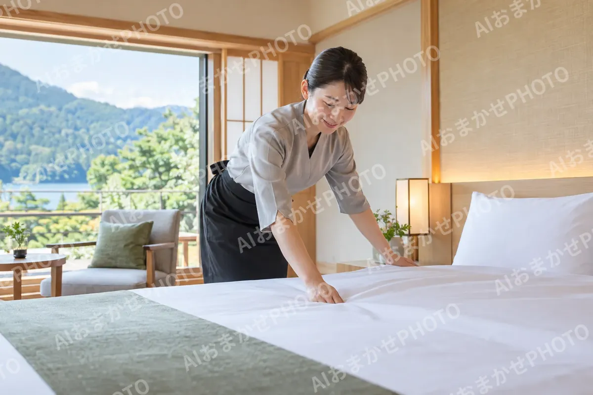 ベッドのシーツを整える客室係（ホテル・旅館の写真 No.32）