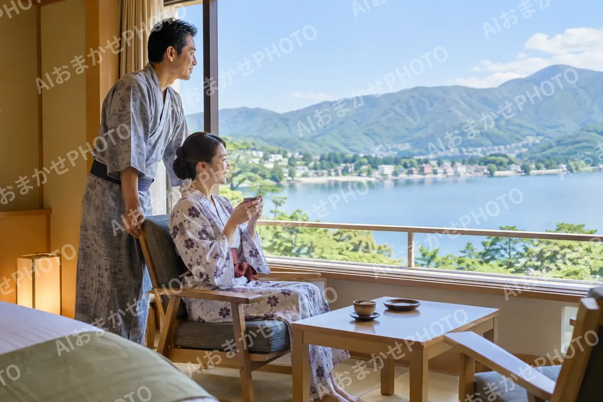 浴衣で部屋の窓から景色を見る夫婦（ホテル・旅館の写真 No.33）