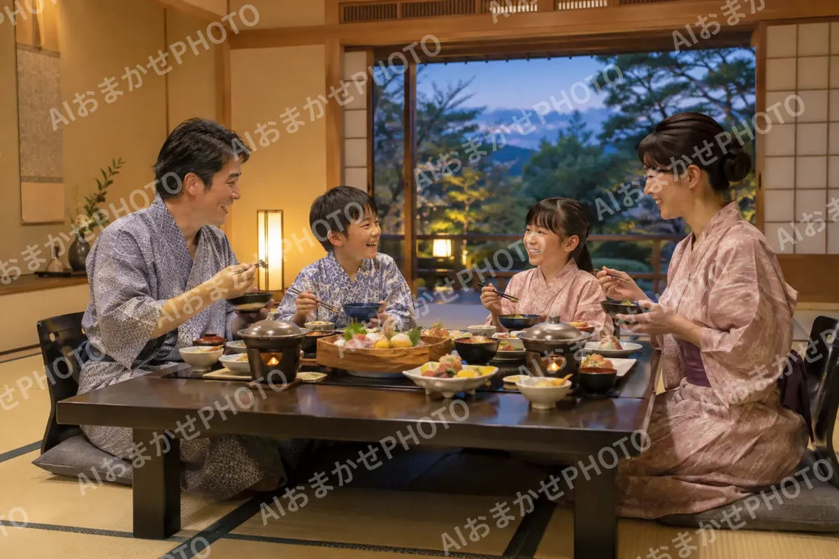 和室で夕食を楽しむ家族（ホテル・旅館の写真 No.34）