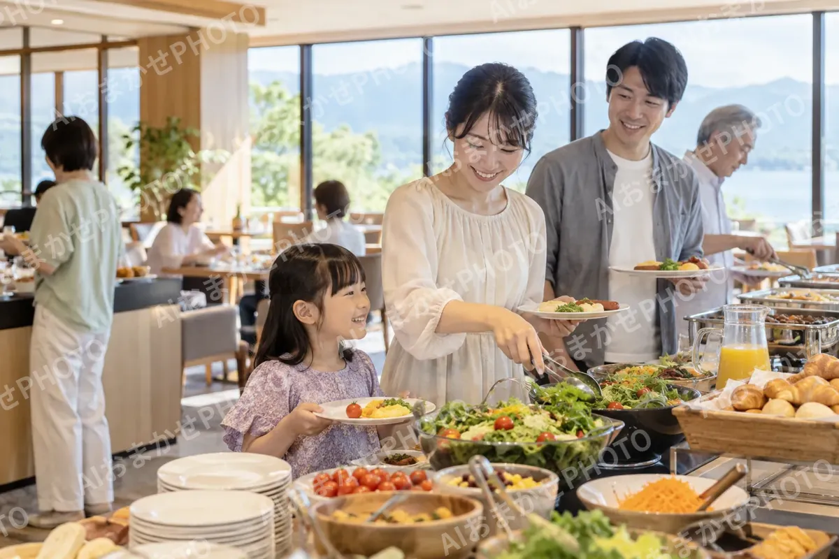 朝食のビュッフェで料理を取るお客様（ホテル・旅館の写真 No.35）
