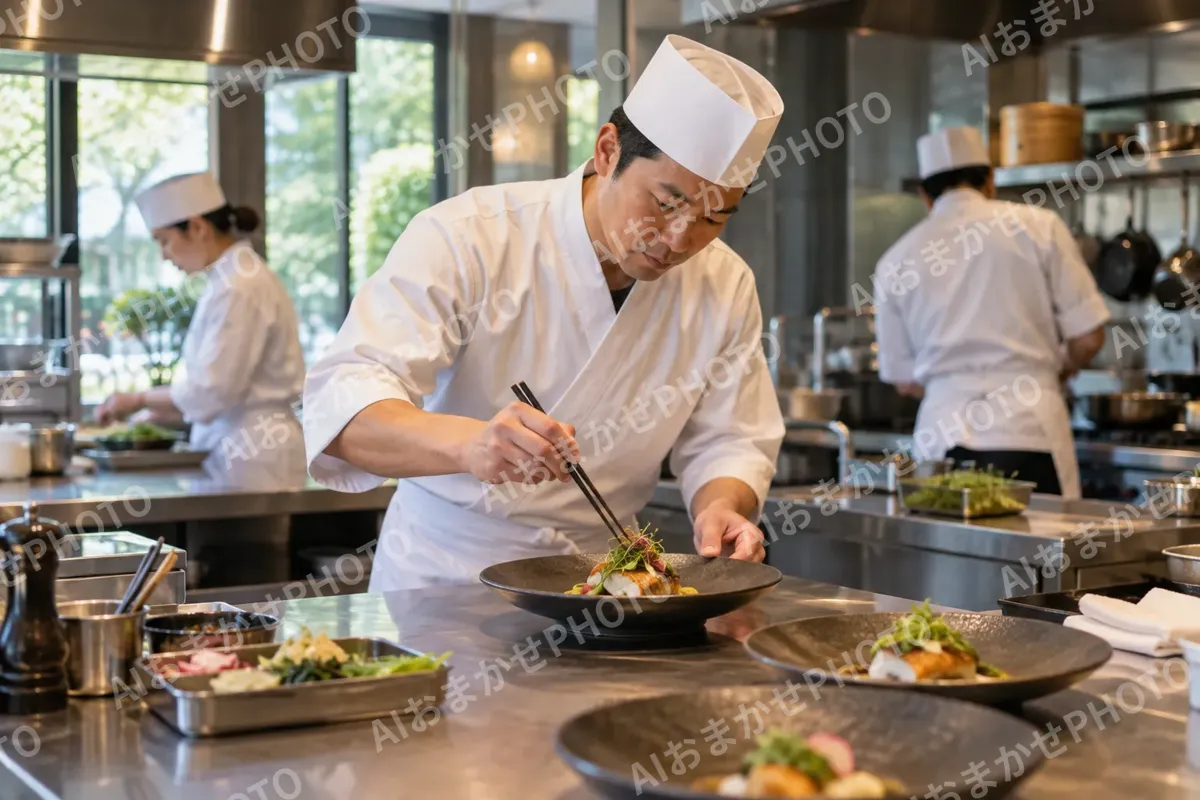 調理場で料理を盛りつける料理人（ホテル・旅館の写真 No.37）