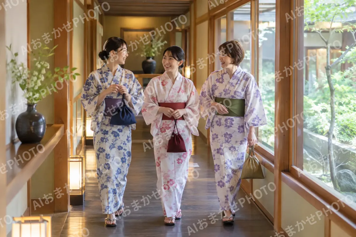 浴衣で廊下を歩く友だちどうし（ホテル・旅館の写真 No.40）