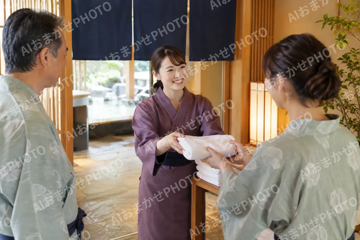 大浴場の入口でタオルを渡すスタッフ（ホテル・旅館の写真 No.41）