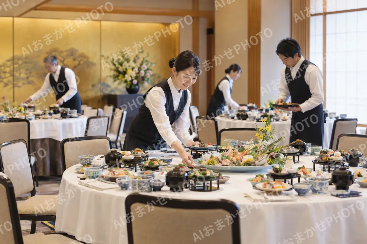 宴会場で料理をならべるスタッフたち（ホテル・旅館の写真 No.43）