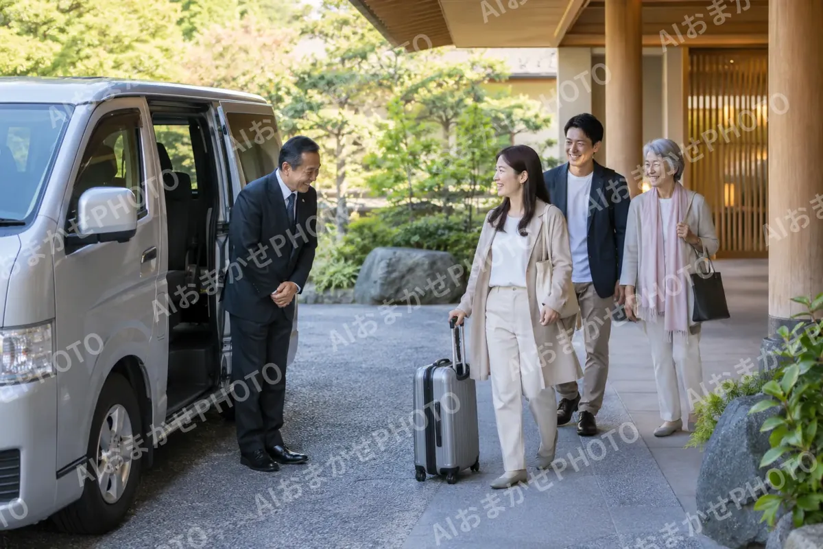 送迎の車の前でお客様を迎える運転手（ホテル・旅館の写真 No.44）