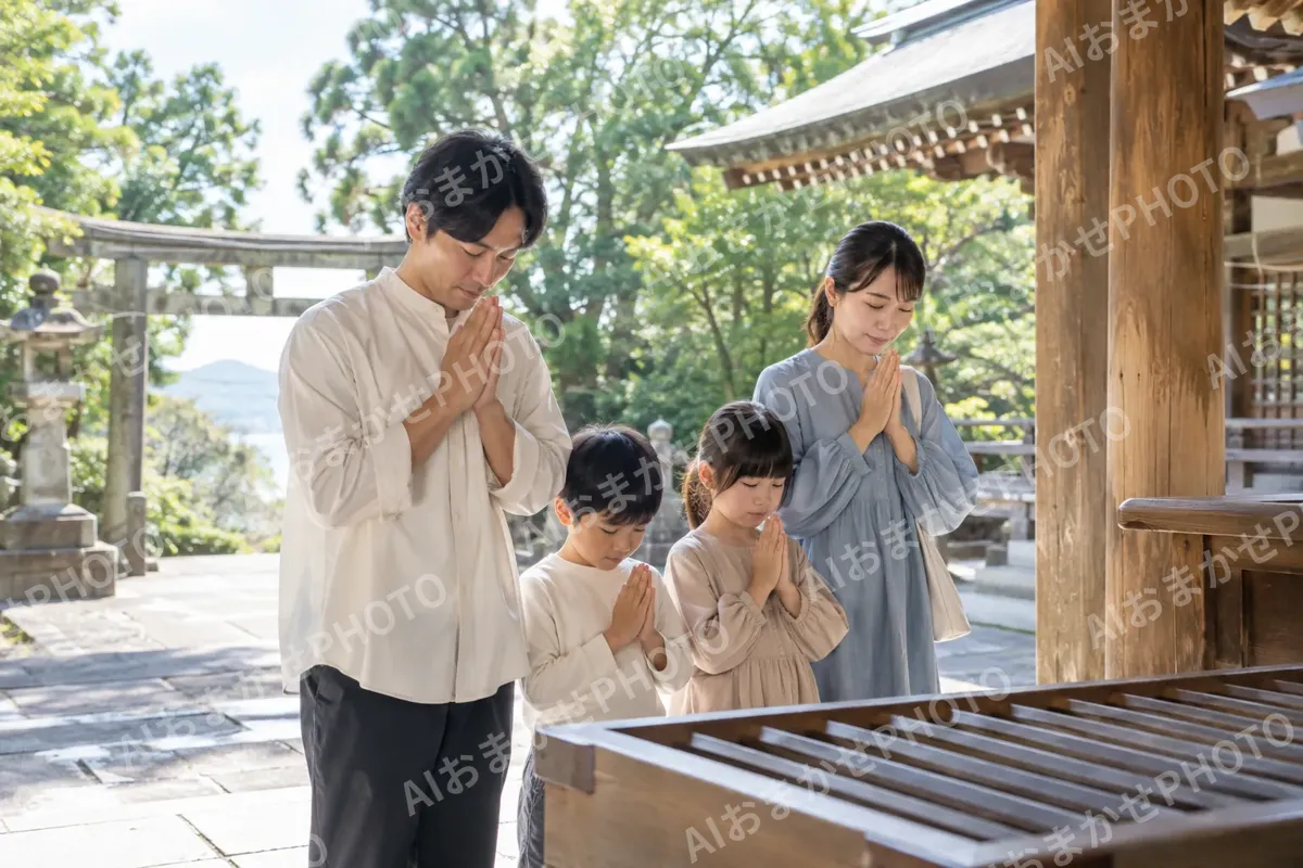 手を合わせてお参りをする家族（神社・寺院・教会の写真 No.28）