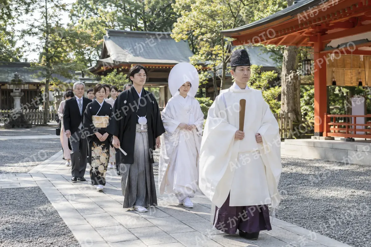 神前の結婚式で進む新郎新婦と神職（神社・寺院・教会の写真 No.33）