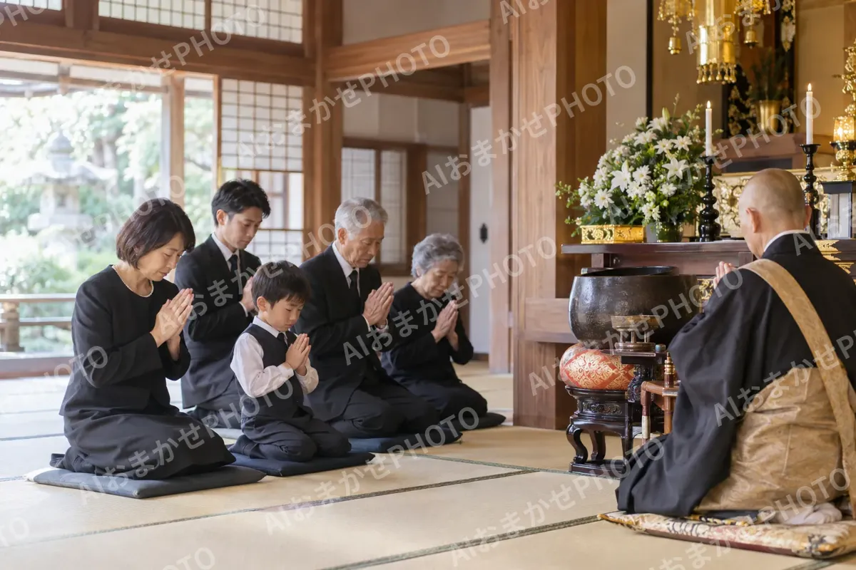 法事で手を合わせる家族とお坊さん（神社・寺院・教会の写真 No.37）