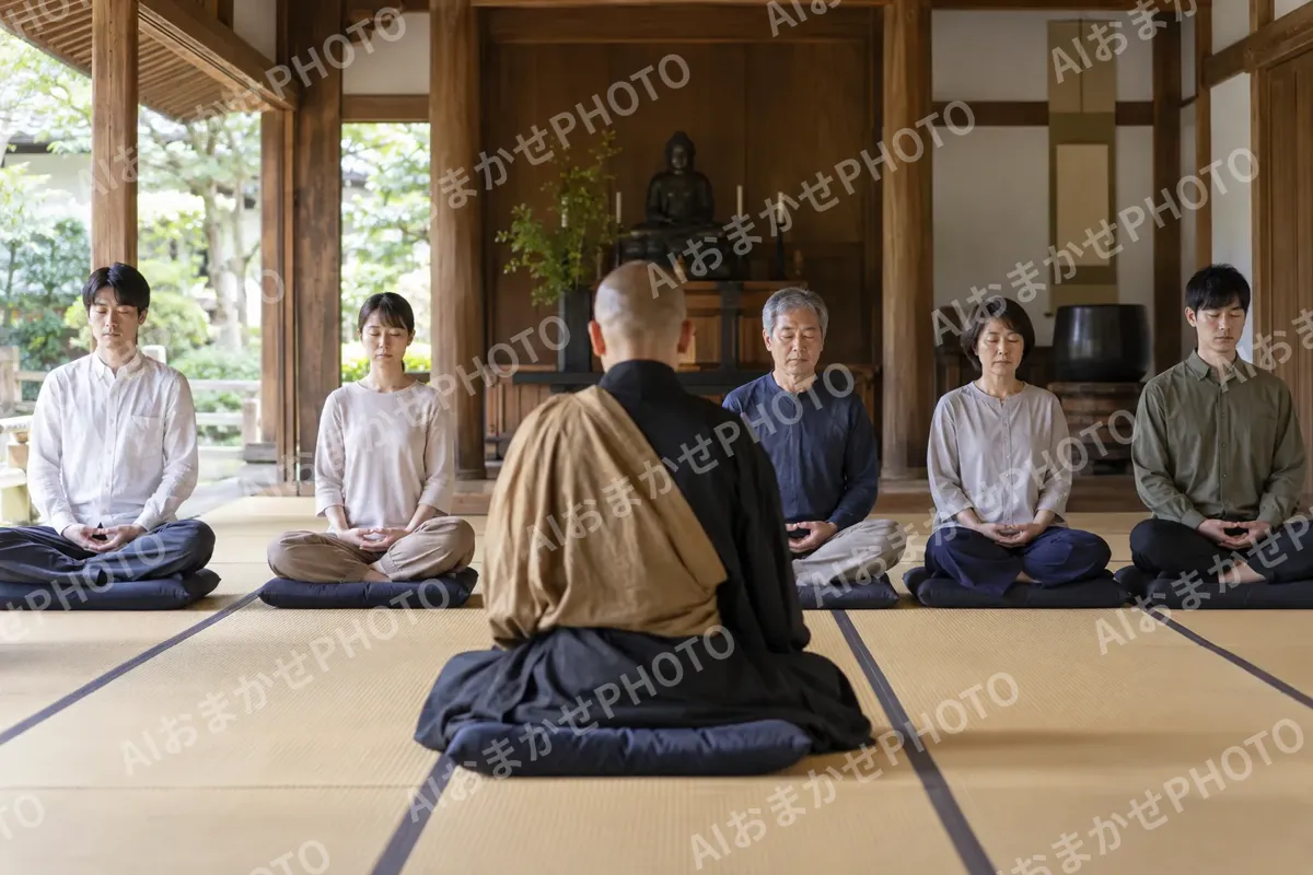 座禅をする参加者たちとお坊さん（神社・寺院・教会の写真 No.38）