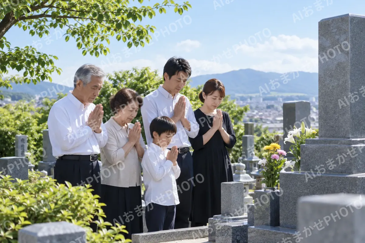 墓の前で手を合わせる家族（神社・寺院・教会の写真 No.41）