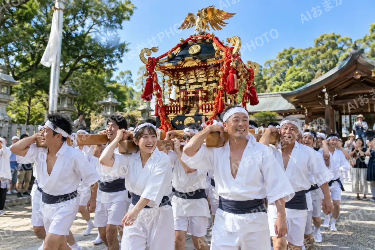 お祭りでみこしをかつぐ人たち（神社・寺院・教会の写真 No.47）