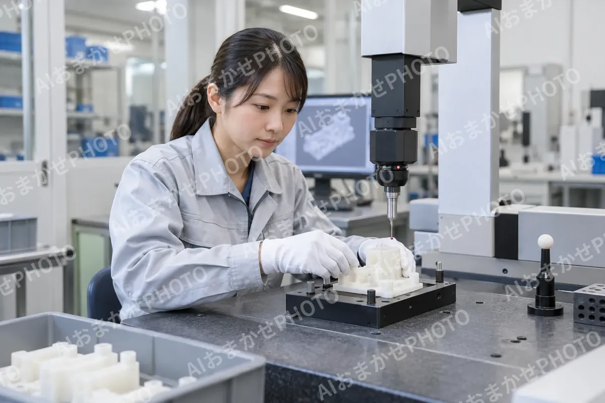 測定の機械に部品をのせる検査員（樹脂・プラスチック加工の写真 No.52）