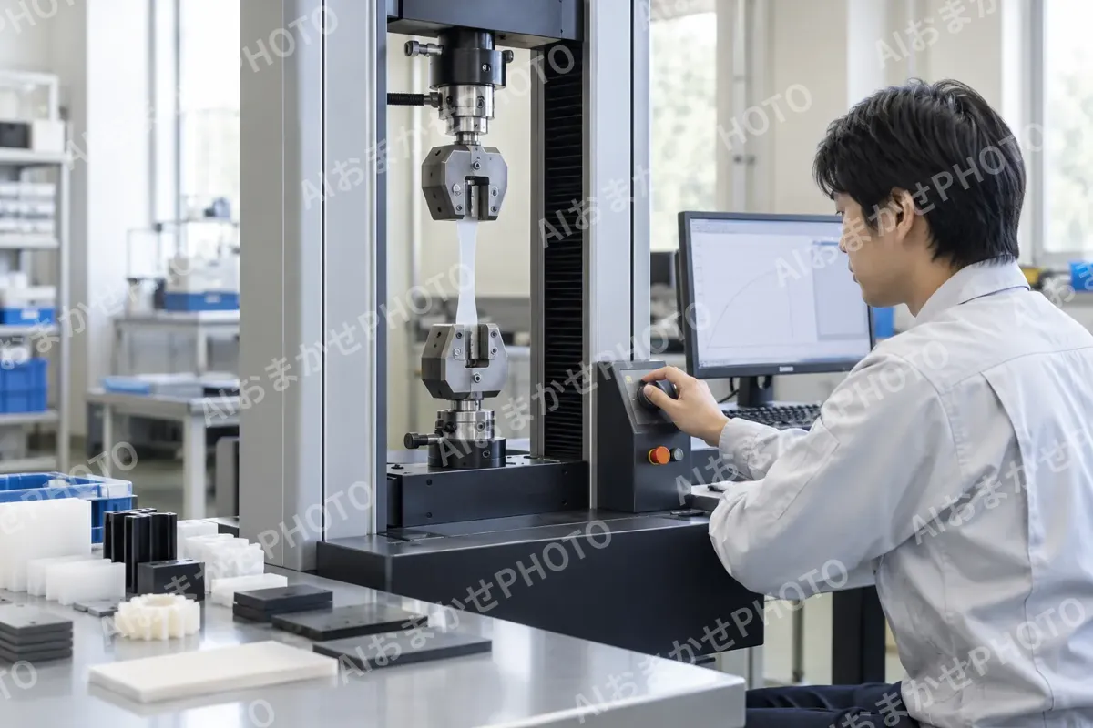 強さを調べる試験の機械を操作する技術者（樹脂・プラスチック加工の写真 No.53）