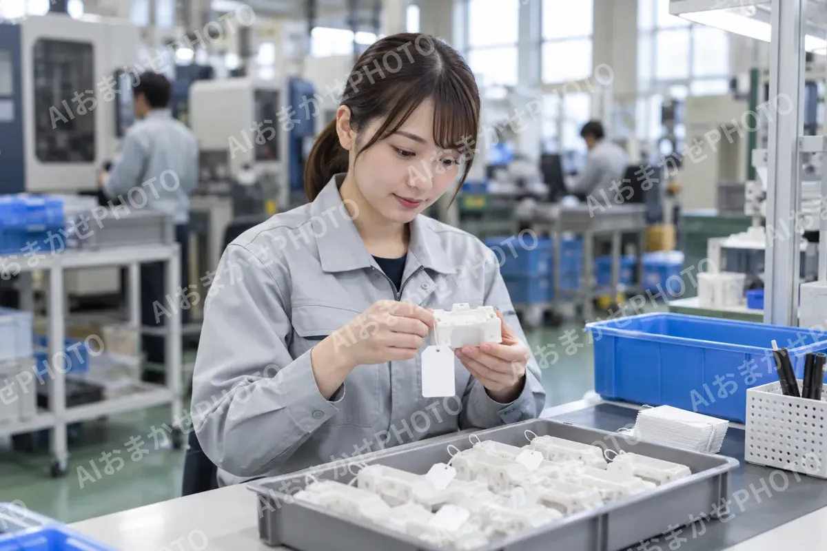 検査が終わった部品にふだを付ける作業員（樹脂・プラスチック加工の写真 No.55）