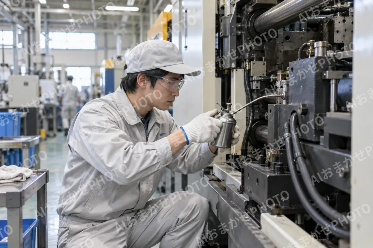 機械に油をさす作業員（樹脂・プラスチック加工の写真 No.58）