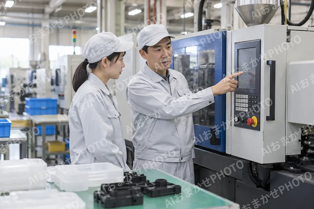 新人に機械の操作を教える先輩の作業員（樹脂・プラスチック加工の写真 No.59）