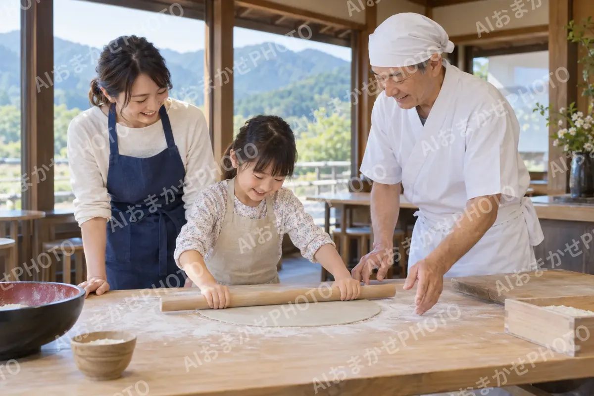 そば打ちの体験をする親子と先生（観光・体験・道の駅の写真 No.28）