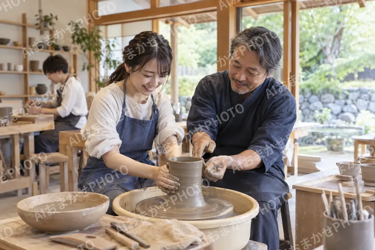 焼き物のろくろを回す体験をするお客様と先生（観光・体験・道の駅の写真 No.29）