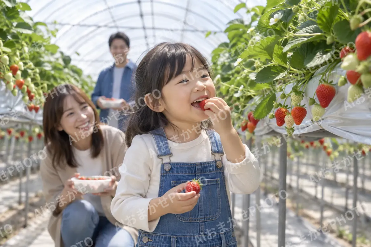 いちごを取って食べる子ども（観光・体験・道の駅の写真 No.32）