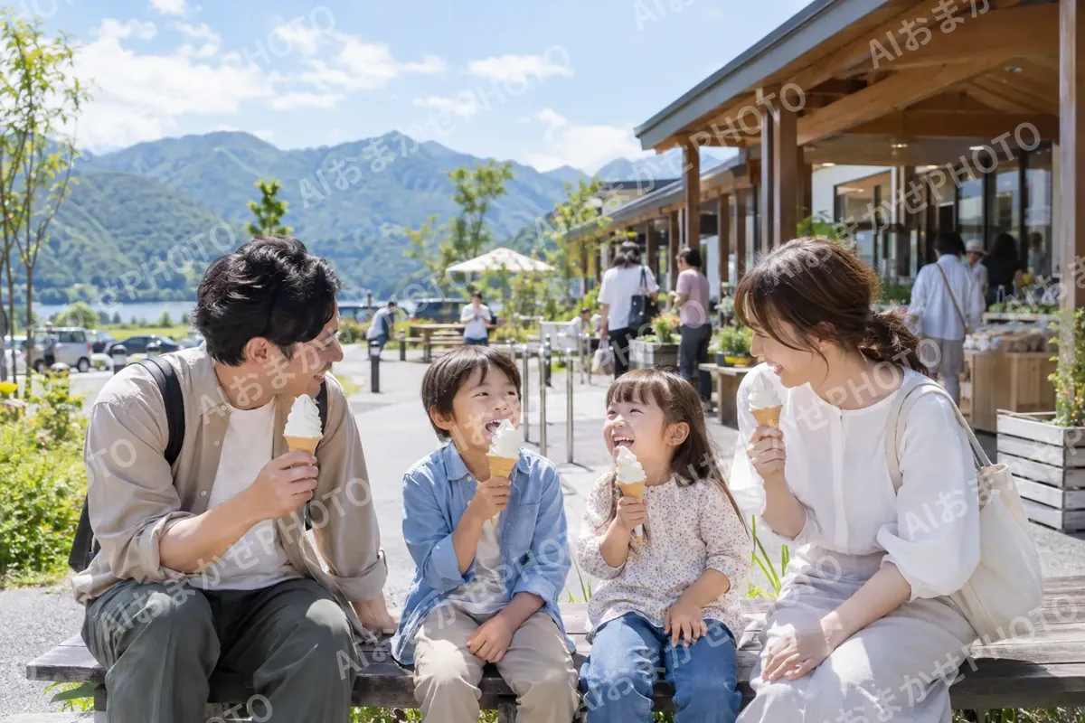 道の駅でソフトクリームを食べる家族（観光・体験・道の駅の写真 No.38）