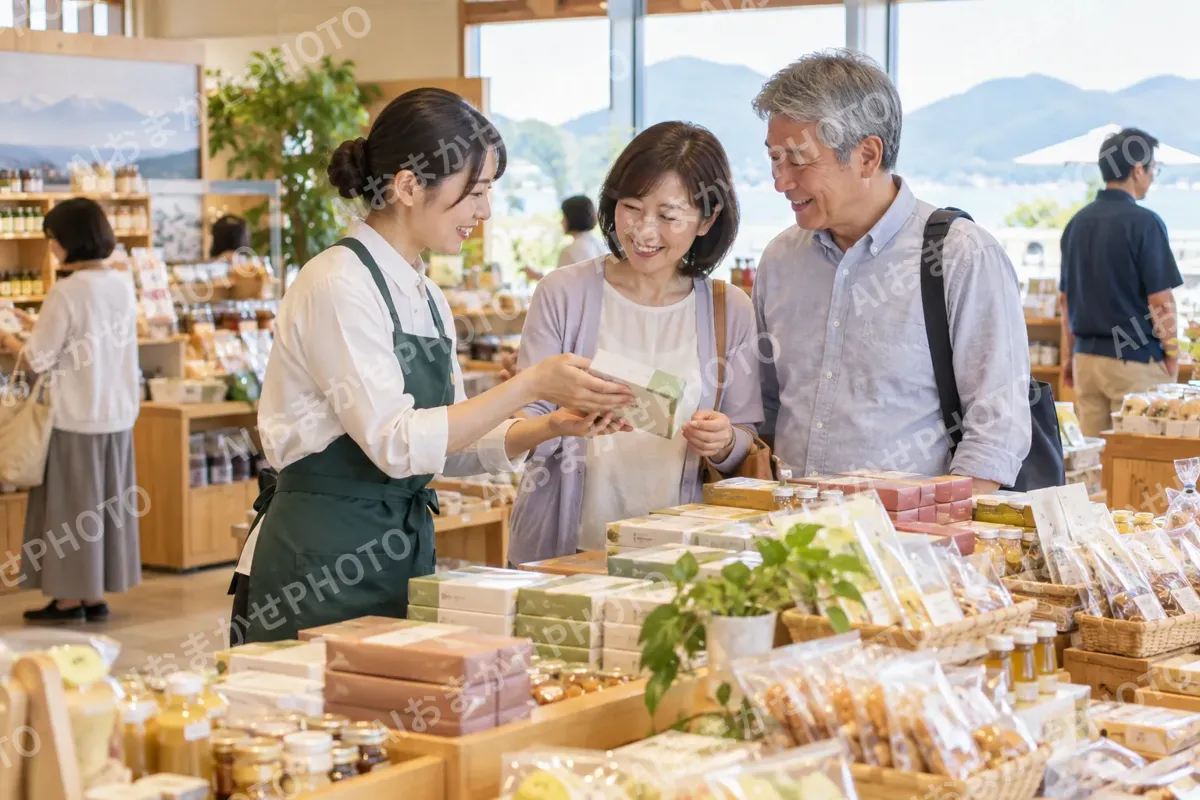 おみやげを選ぶお客様と店員（観光・体験・道の駅の写真 No.39）