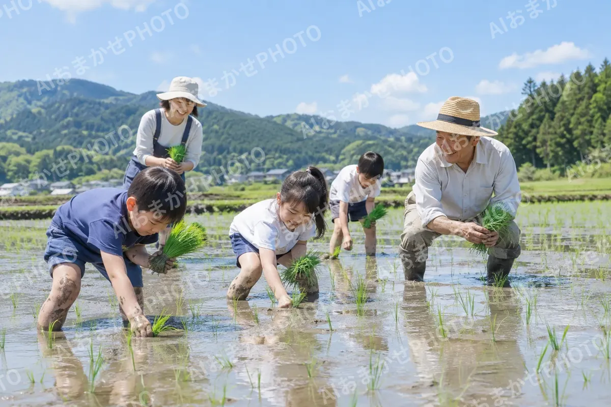 田植えの体験をする子どもたちと農家の人（観光・体験・道の駅の写真 No.46）