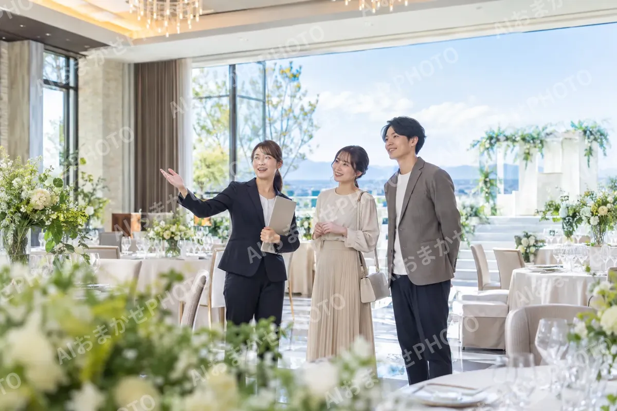 会場を見学する二人とプランナー（結婚式場・ウェディングの写真 No.26）