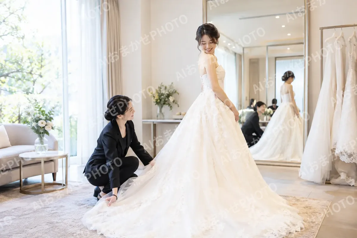 ドレスを試着する新婦とスタッフ（結婚式場・ウェディングの写真 No.27）