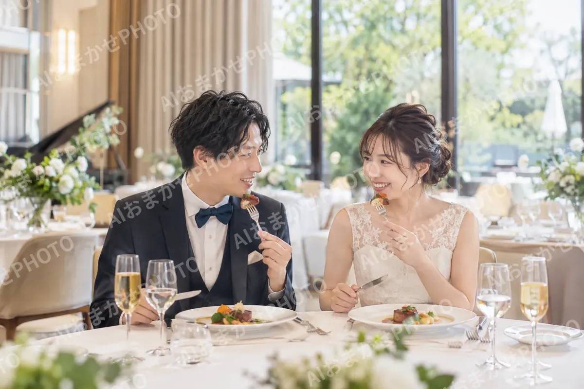 料理の試食をする二人（結婚式場・ウェディングの写真 No.28）
