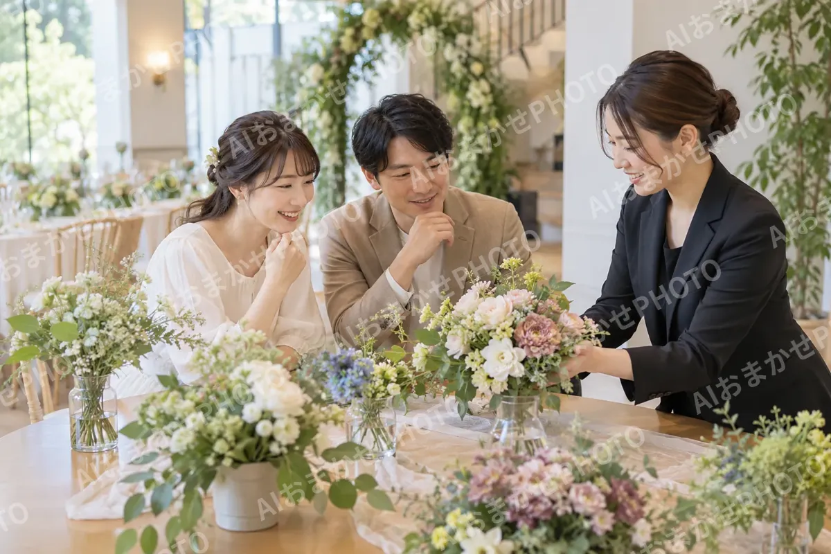 花の見本を見て選ぶ二人とスタッフ（結婚式場・ウェディングの写真 No.29）