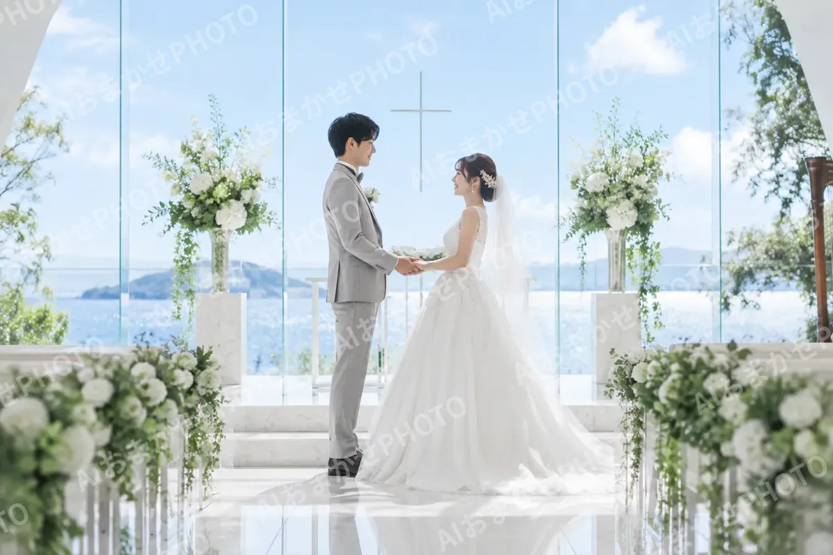 チャペルで向かい合う新郎新婦（結婚式場・ウェディングの写真 No.30）