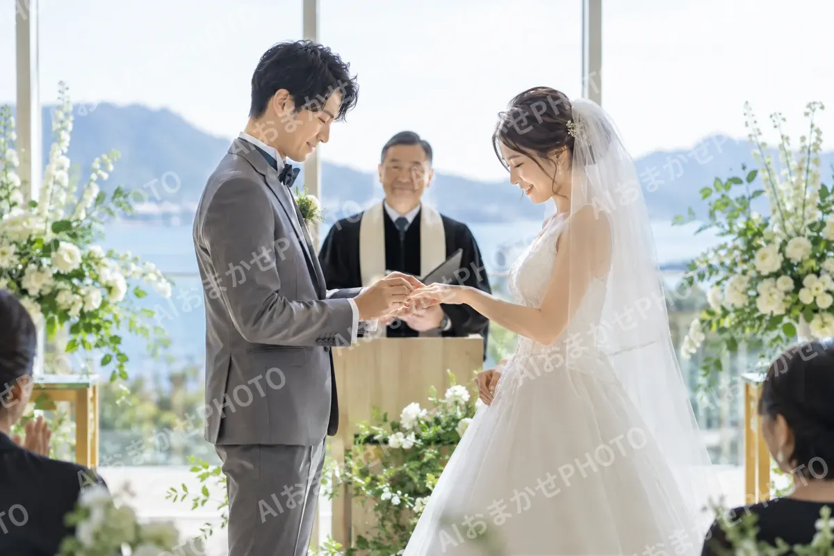 指輪の交換をする新郎新婦（結婚式場・ウェディングの写真 No.31）