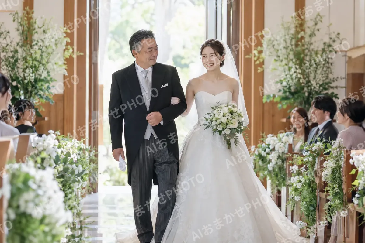 父親と腕を組んで歩く新婦（結婚式場・ウェディングの写真 No.32）