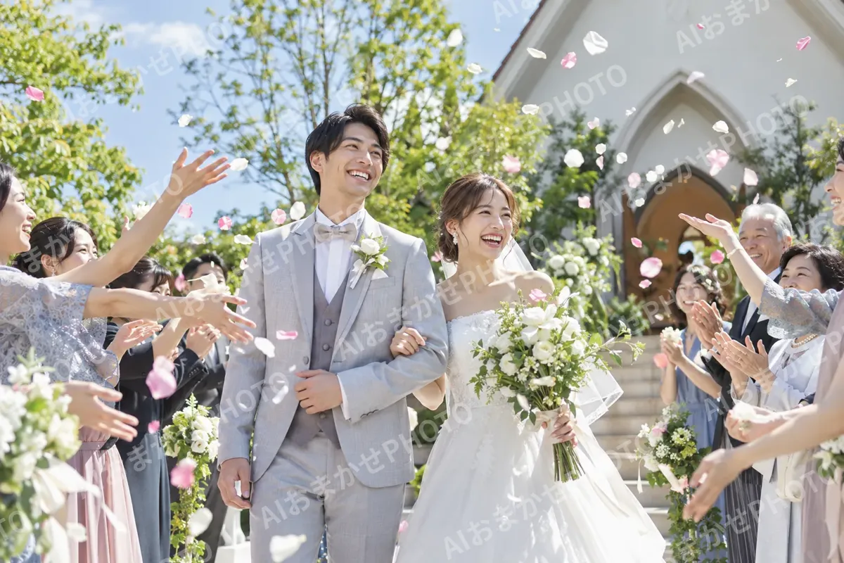 フラワーシャワーの中を歩く新郎新婦（結婚式場・ウェディングの写真 No.33）