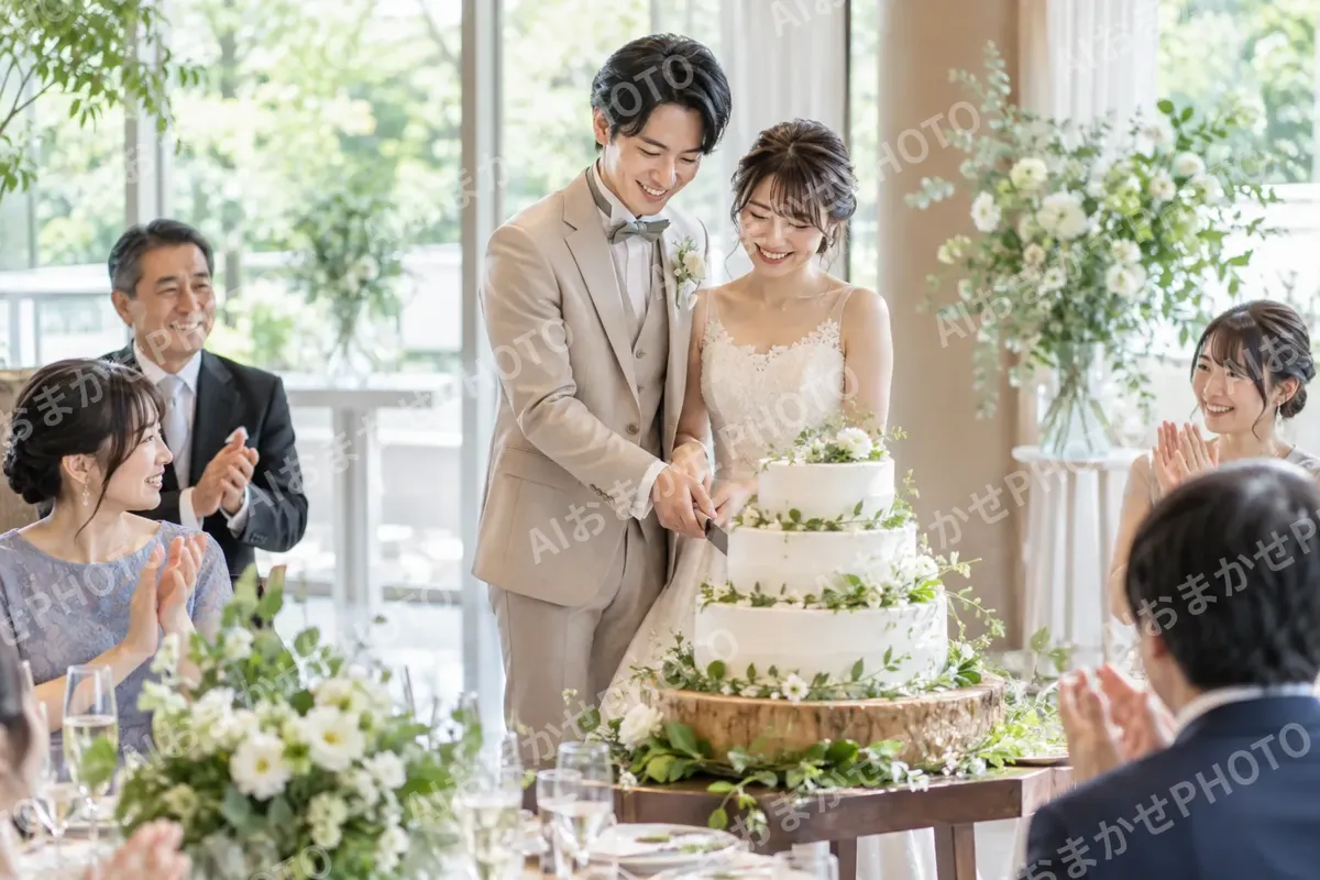 披露宴でケーキにナイフを入れる新郎新婦（結婚式場・ウェディングの写真 No.34）