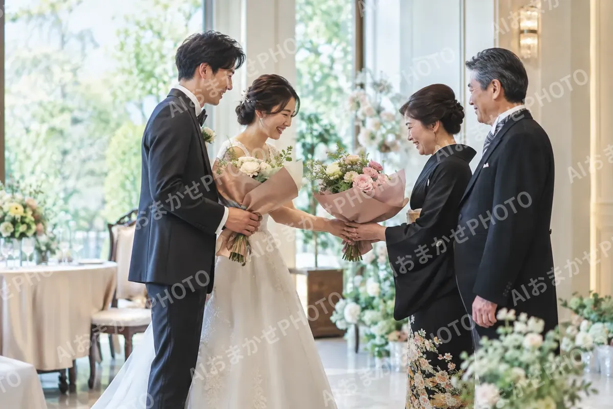 両親に花束を渡す新郎新婦（結婚式場・ウェディングの写真 No.37）