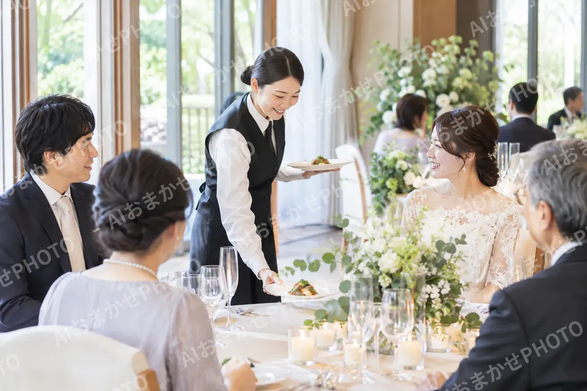 テーブルに料理を運ぶスタッフ（結婚式場・ウェディングの写真 No.38）