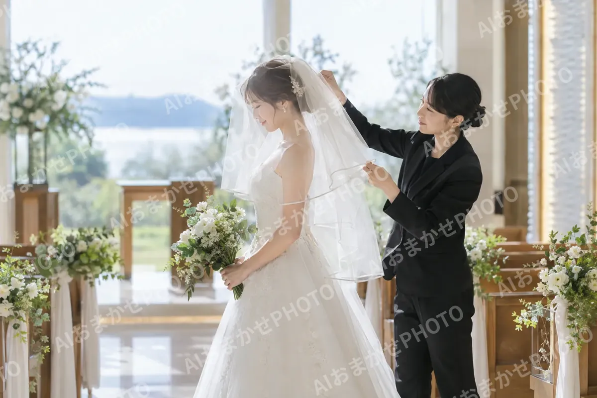 新婦のベールを直す介添えのスタッフ（結婚式場・ウェディングの写真 No.41）