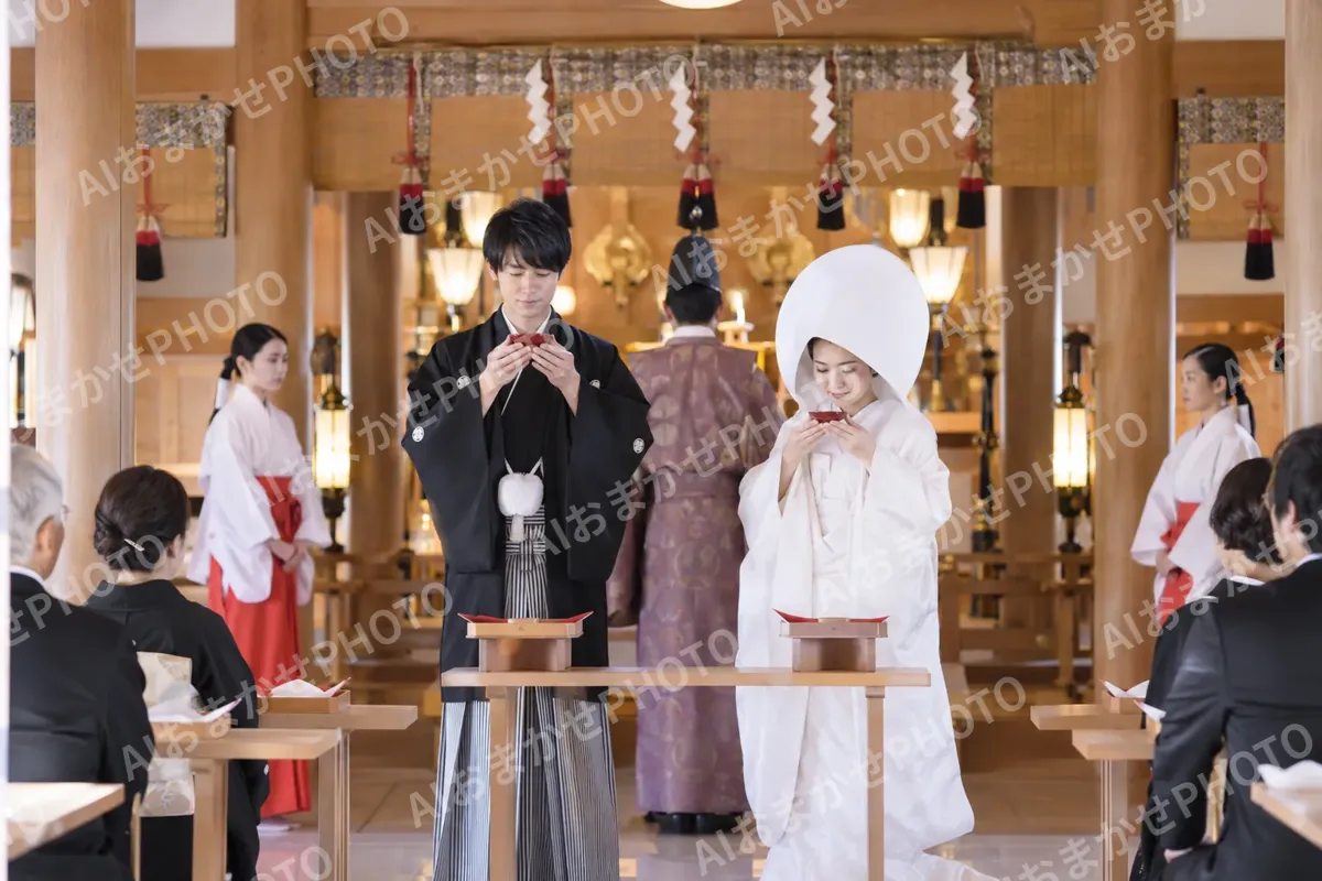 神殿での式で杯を持つ新郎新婦（結婚式場・ウェディングの写真 No.45）