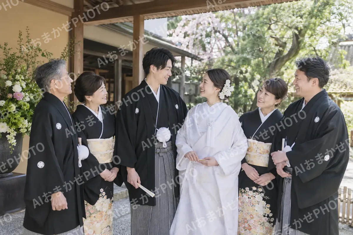 和装の新郎新婦と家族の集まり（結婚式場・ウェディングの写真 No.46）