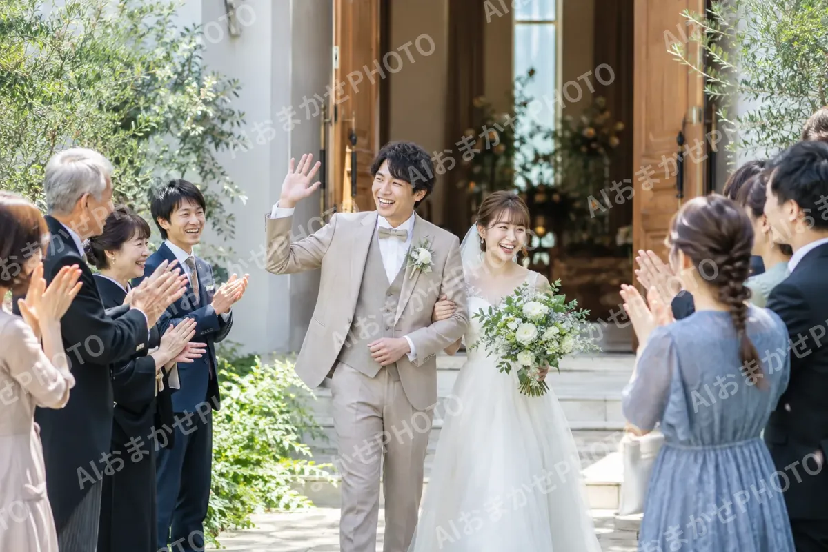 ゲストを見送る新郎新婦（結婚式場・ウェディングの写真 No.47）