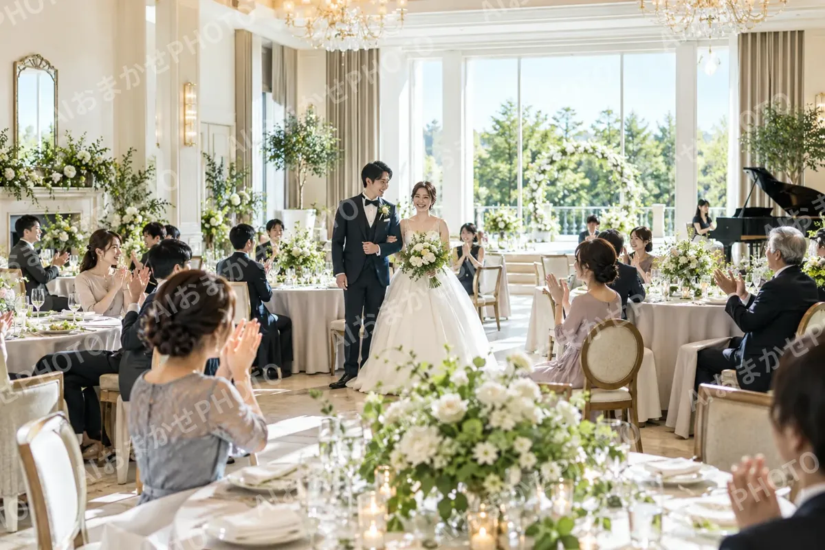 花で飾られた披露宴会場の全体（結婚式場・ウェディングの写真 No.48）