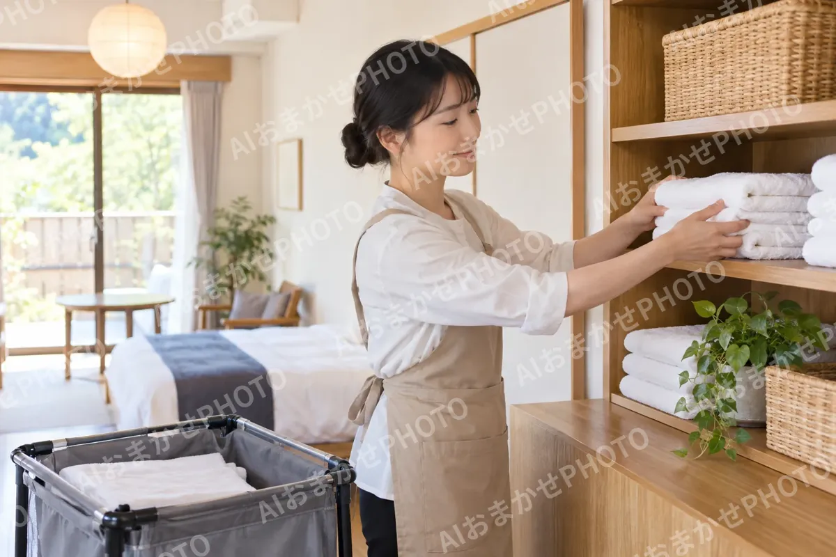 タオルをたたんで棚に置くスタッフ（民泊・ゲストハウスの写真 No.25）