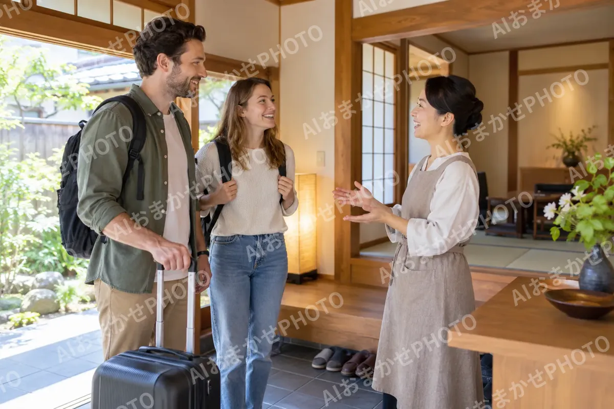 外国から来たお客様と話すオーナー（民泊・ゲストハウスの写真 No.28）