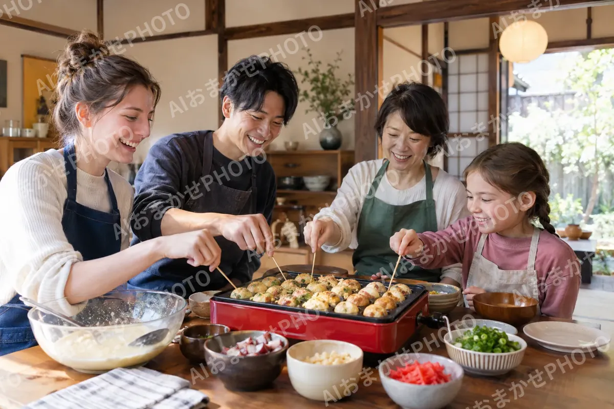 お客様と一緒にたこ焼きを作るオーナー（民泊・ゲストハウスの写真 No.29）